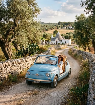 Woman driving a pale blue vintage Fiat 500 Spiaggina on a countryside road with olive trees in Puglia