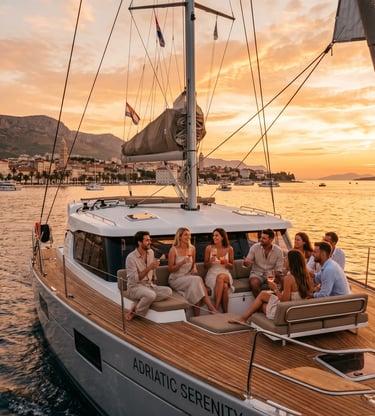 Private luxury sailboat party cruising Split Croatia coastline at golden hour sunset