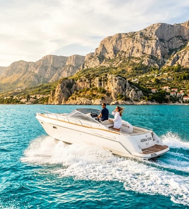 White speedboat Adria Star speeding through turquoise Adriatic with limestone cliffs behind