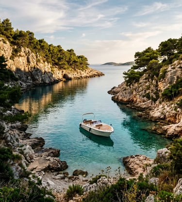 White speedboat anchored alone in secluded rocky cove, Pakleni Islands, Croatia