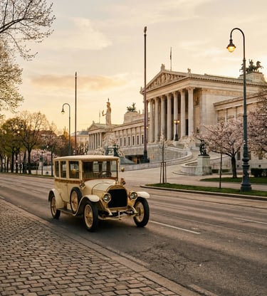 Cream vintage Oldtimer car driving along Vienna Ringstraße past Austrian Parliament Building at sunrise