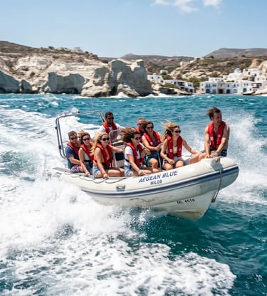Group of tourists in life jackets on speedboat tour passing white cliffs of Milos Greece