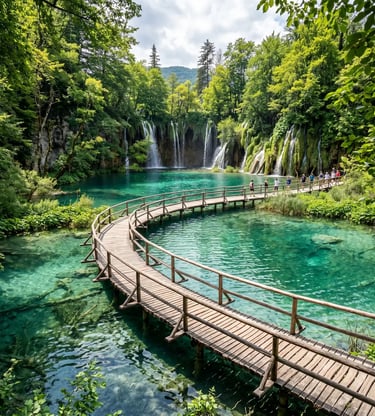 Wooden boardwalks over turquoise lakes and waterfalls at Plitvice Lakes National Park in Croatia