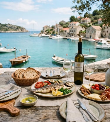 Grilled fish, local cheese and Pošip white wine on rustic table by Adriatic sea