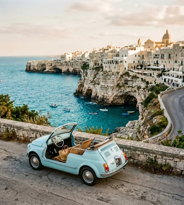 Pastel blue vintage Fiat 500 Spiaggina parked on cliffside road above Polignano a Mare turquoise sea