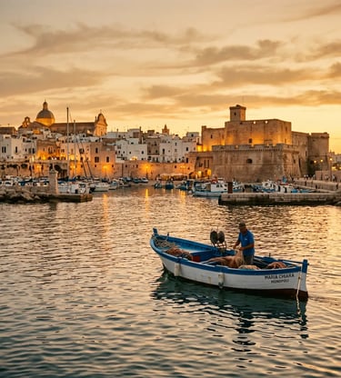 Fisherman on wooden boat in Monopoli harbor at sunset with old town and fortress in Puglia, Italy