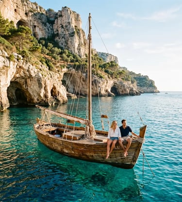 Couple sitting on bow of wooden sailboat anchored near limestone cliffs on Adriatic Sea