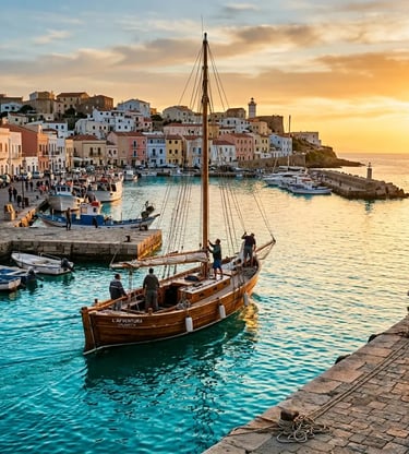 Wooden sailing boat departing Calasetta harbor at golden hour with colorful town in background