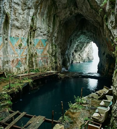 Abandoned Africana Grotto with faded geometric murals and dark water inside sea cave