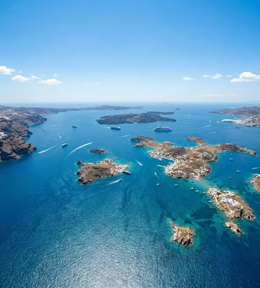 Aerial helicopter view of Santorini volcanic islands and Aegean Sea in summer