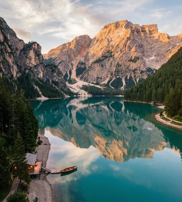 Aerial view of turquoise Lake Braies reflecting Dolomite peaks at golden hour