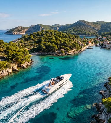 Aerial view of white luxury speedboat cruising turquoise waters between Croatian islands