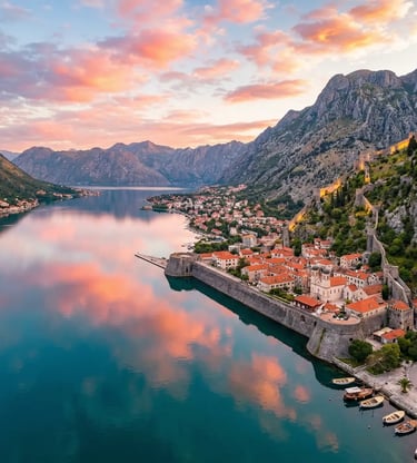 Aerial sunset view of Kotor Bay walled city and mountains in Montenegro