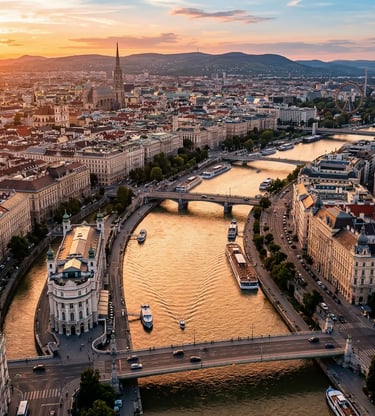 Aerial drone view of Vienna at sunset with Danube River and Habsburg architecture
