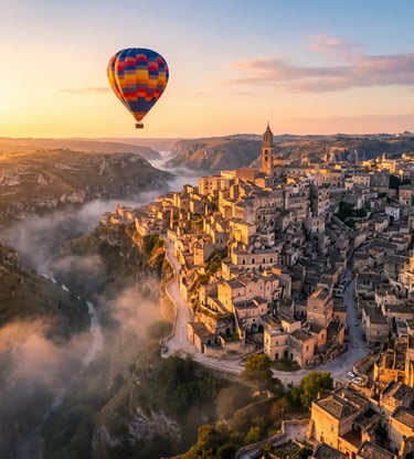 Colorful hot air balloon floating above Matera's ancient sassi cave city at golden sunrise, Italy.