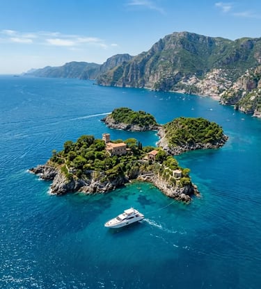 Aerial view of Li Galli archipelago with private yacht and Positano in background
