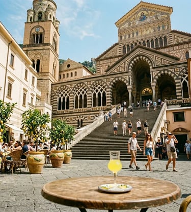 Amalfi Cathedral facade and stairs with limoncello glass on cafe table in foreground