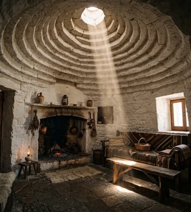 Authentic Trullo interior with stone fireplace and conical ceiling illuminated by natural light ray