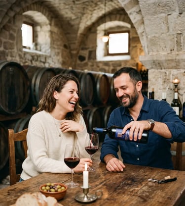 Couple enjoying red wine tasting in rustic Pelješac Peninsula wine cellar, Croatia