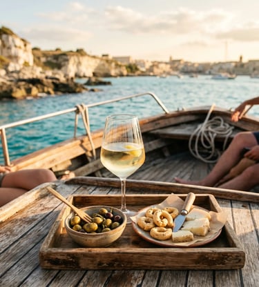 Italian aperitif with white wine olives and taralli served on wooden tour boat deck at golden hour