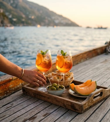 Wooden tray with two spritz glasses, olives, focaccia and melon slices on boat deck by the sea.