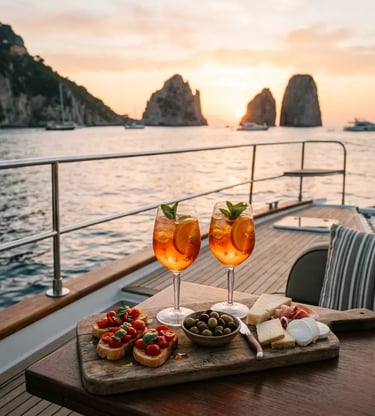 Aperol spritz cocktails and Italian snacks on catamaran deck with Faraglioni rocks at sunset