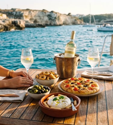 Apulian aperitivo on yacht: prosecco, focaccia barese, burrata, olives and taralli by the sea