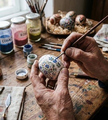 Craftsman painting intricate floral pattern on white Easter egg with fine brush