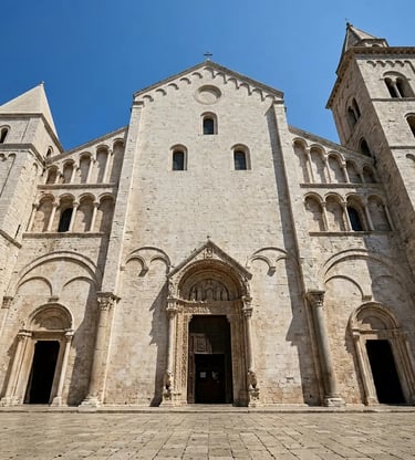 Facade of the Basilica of San Nicola showcasing Apulian Romanesque architecture in Bari