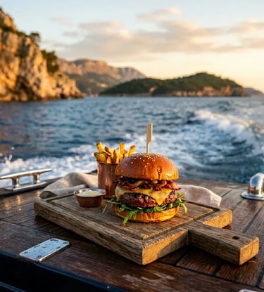 Gourmet beef burger on wooden board served on speedboat deck along the Adriatic coastline