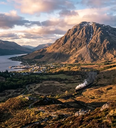 Jacobite Steam Train passing below Ben Nevis at golden hour with Fort William and loch beyond