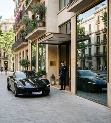 Black Ferrari parked at a Barcelona boutique hotel entrance with concierge ready for pickup