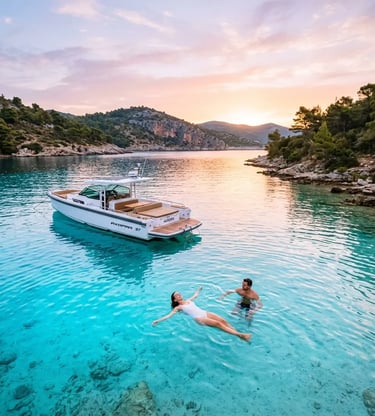 Luxury speedboat anchored in turquoise bay on a 4 islands tour Croatia at sunrise