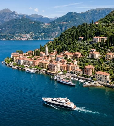 Aerial view of private luxury boat approaching Bellagio promontory on Lake Como