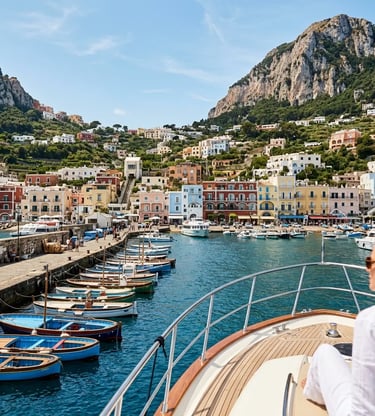 Luxury boat approaching Capri Marina Grande with colorful harbor buildings and limestone cliffs