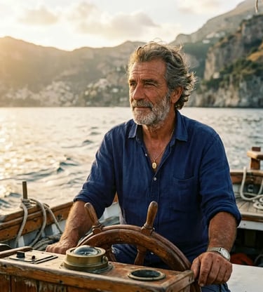 Local Capri skipper steering traditional wooden gozzo boat at sunset along the island coastline