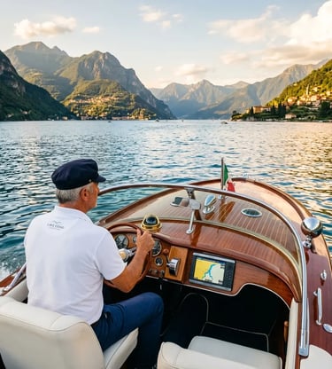 Dedicated captain steering classic wooden luxury boat through Centro Lago at golden hour