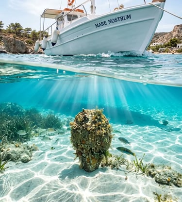 Split-shot of boat hull and Pinna nobilis shell on sandy seabed in crystal clear water