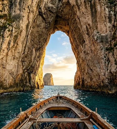 Wooden boat passing through Faraglioni arch on a Capri private boat tour at golden hour