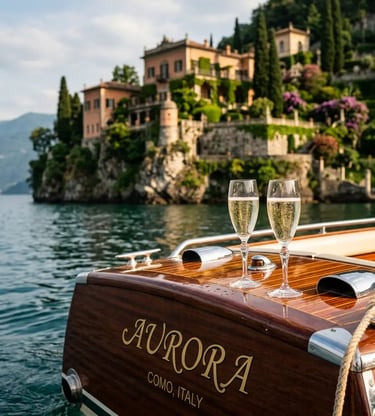 Two prosecco glasses on polished mahogany boat stern with Lake Como villa backdrop