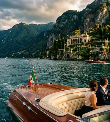  Historic wooden boat moored at ancient stone steps in Torno village on Lake Como Italy