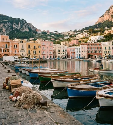 Traditional wooden boats moored at Marina Grande Capri with pastel harbor buildings behind