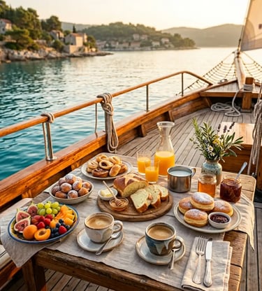 Fresh breakfast served on wooden gulet deck with Adriatic Sea view near Split Croatia