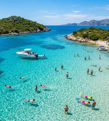 Tourists swimming and snorkelling in turquoise water at Budikovac Blue Lagoon, Croatia