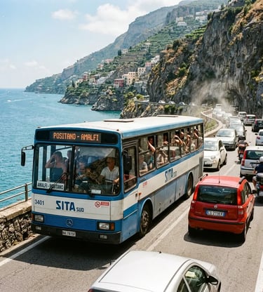 Crowded SITA bus stuck in traffic on SS163 coastal road between Positano and Amalfi