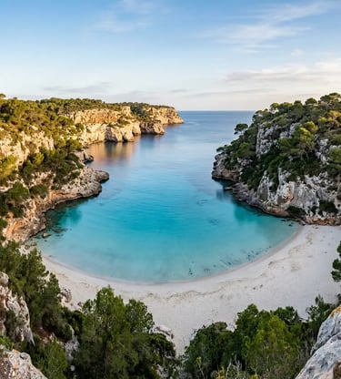 Empty Cala Macarella cove in Menorca with turquoise water and limestone cliffs