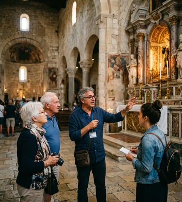 Tour guide pointing at ornate altar while explaining history to travelers in Italian church