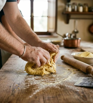 Chef kneading golden pasta dough on wooden table during Lecce cooking class in Puglia