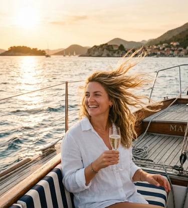 Happy woman holding prosecco glass on sailboat deck at golden hour sunset