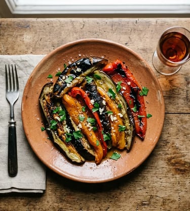 Fire-roasted escalivada with blistered peppers and eggplant paired with sweet wine